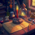 Alchemist worktable. Wizard laboratory, generative ai illustration