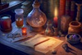 Alchemist worktable. Wizard laboratory, generative ai illustration