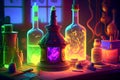 Alchemist worktable. Wizard laboratory with scientific flasks and potions, ai illustration