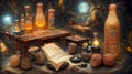 Alchemist worktable. Wizard laboratory with scientific flasks and scrolls, ai illustration