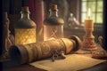 Alchemist worktable. Wizard laboratory with scientific flasks and scrolls, ai illustration