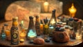 Alchemist worktable. Wizard laboratory with scientific flasks and scrolls, ai illustration