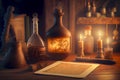 Alchemist worktable. Wizard laboratory with scientific flasks and scrolls, ai illustration