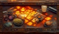 Alchemist worktable. Wizard laboratory with scientific flasks and scrolls, ai illustration