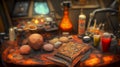 Alchemist worktable. Wizard laboratory with scientific flasks and scrolls, ai illustration