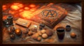 Alchemist worktable. Wizard laboratory with scientific flasks and scrolls, ai illustration