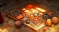 Alchemist worktable. Wizard laboratory with scientific flasks and scrolls, ai illustration