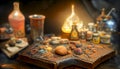 Alchemist worktable. Wizard laboratory with scientific flasks and scrolls, ai illustration