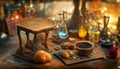 Alchemist worktable. Wizard laboratory with scientific flasks and scrolls, ai illustration