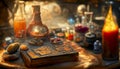 Alchemist worktable. Wizard laboratory with scientific flasks and scrolls, ai illustration