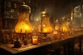 Alchemists Laboratory with Bubbling Peach, Rose, and Coral Concoctions in Glass Vials Royalty Free Stock Photo