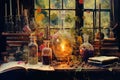 Alchemists Laboratory. Bubbling Peach, Rose, and Coral Concoctions in Glass Vials Royalty Free Stock Photo