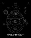 Alchemy. All-seeing eye occult symbol. Mystical black background.