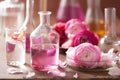 Alchemy and aromatherapy set with ranunculus flowers and flasks Royalty Free Stock Photo