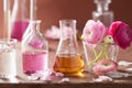 Alchemy and aromatherapy set with ranunculus flowers and flasks Royalty Free Stock Photo