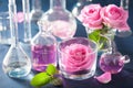 alchemy and aromatherapy set with rose flowers and chemical flasks Royalty Free Stock Photo