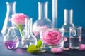 alchemy and aromatherapy set with rose flowers and chemical flasks