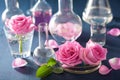 alchemy and aromatherapy set with rose flowers and chemical flasks Royalty Free Stock Photo