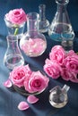 alchemy and aromatherapy set with rose flowers and chemical flasks Royalty Free Stock Photo