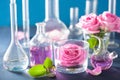 alchemy and aromatherapy set with rose flowers and chemical flasks Royalty Free Stock Photo