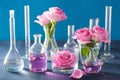 Alchemy and aromatherapy set with rose flowers and chemical flas Royalty Free Stock Photo