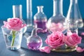 alchemy and aromatherapy set with rose flowers and chemical flasks Royalty Free Stock Photo