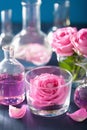 alchemy and aromatherapy set with rose flowers and chemical flasks Royalty Free Stock Photo