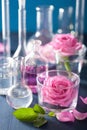 alchemy and aromatherapy set with rose flowers and chemical flasks Royalty Free Stock Photo