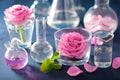 alchemy and aromatherapy set with rose flowers and chemical flasks Royalty Free Stock Photo