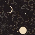 Alchemy background, gold esoteric design. Celestial mystical seamless pattern . Moon and sun symbol design Royalty Free Stock Photo