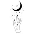Alchemy esoteric mystical magic celestial talisman with woman hand, moon