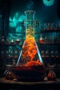 Alchemy flask set in a mysterious and dimly lit laboratory. The flask contains a bubbling and boiling liquid, evoking the sense of