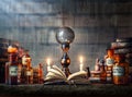 Alchemy, Halloween, magic, witchcraft, fortune telling, mysticism background. Magic crystal ball, ritual books and bottles of