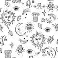 Alchemy mystic pattern with moon and sun, stars and other symbols. cosmic sky. perfect for textile, wrapping paper.