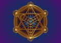 Alchemy occult Mandala Metatrons Cube Flower of Life. Gold Sacred geometry graphic element magic hexagram. Vector Mystic sign