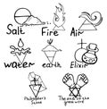 Alchemy vector icons. Eight elements. Filosovsky stone and salt, water and air, fire and earth with an elixir and the end of a