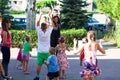 Alchevsk, Ukraine - August 3, 2017: Group of kids celebrating their friend`s birthday party
