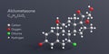 alclometasone molecule 3d rendering, flat molecular structure with chemical formula and atoms color coding