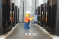 Alcobendas, Spain July 20, 2019: Male technician working in a corridor of a data processing center, Studio shot of Lego minifigure
