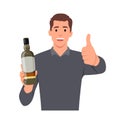 Alcohol addicted, spirit drinks, drinking lone concept. Young smiling man cartoon character standing holding bottle of wine, Royalty Free Stock Photo