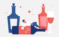 Alcohol addiction concept, adult man addict drinker character lying on empty big bottle