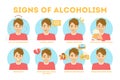 Alcohol addiction symptoms. Danger from alcoholism infographic