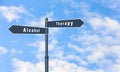 Alcohol addiction: what to choose - therapy or life with bad habit? Signpost with different directions against beautiful blue sky