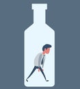 Alcohol and addiction, Young male character trapped inside a bottle, health problems