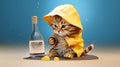 Alcohol awareness month or Dry January. A cute little kitty in a yellow raincoat and a bottle nearby as a symbol of staying dry.