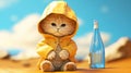 Alcohol awareness month or Dry January. A cute little kitty in a yellow raincoat and a bottle nearby as a symbol of staying dry.