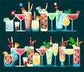 Alcohol bar with cocktails different types