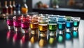 Alcohol bar, multi colored cocktail glass, nightclub table, shot glass generated by AI