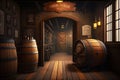 Alcohol barrel room interior. Generative AI Royalty Free Stock Photo