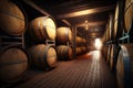 Alcohol barrel room interior. Generative AI Royalty Free Stock Photo